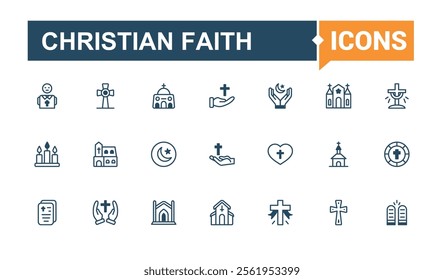 Christian Faith vector line icon set. It contains symbols to easter, religion, christ, crucifix, god and more. Web icons. Solid line editable stroke.