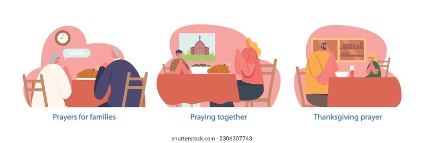 Christian Family Characters Gathers To Pray Before Meal, Expressing Gratitude, Seeking Blessings, Vector Illustration