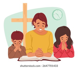 Christian family with folded hands praying to god together front of opened bible book vector illustration. Mother with children believers cartoon characters and religious traditional occasion