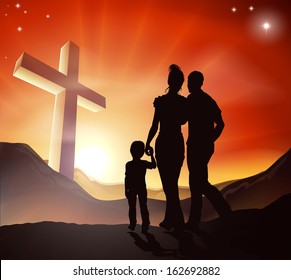 A Christian family walking towards a cross in a mountain landscape with sunrise over mountains, Christian lifestyle concept