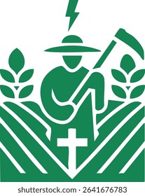 Christian Farmer with Traditional Hat Holding Hoe, Agriculture Innovation Concept with Lightning Bolt, Rural Farming, Sustainable Harvest, Green Crops, Faith, Modern Agricultural Design, Vector Emblem
