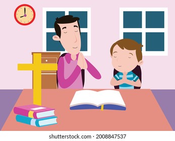 Christian father and son praying together cartoon 2d vector concept for banner, website, illustration, landing page, flyer, etc.