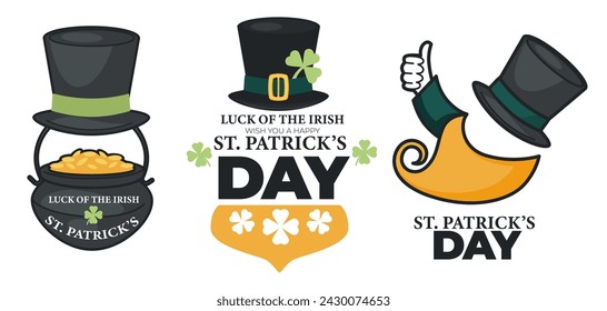 Christian feast day and Ireland public holiday symbols. Luck of Irish Saint Patricks day. Emblems with top hat, shamrock and four leaf clover, pot of gold and leprechaun beard. Vector in flat style