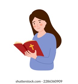 Christian female reading holy bible in flat design on white background.