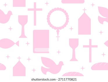 Pescado cristiano. Semana Santa, Semana Santa, Viernes Santo. Modelo inconsútil con los iconos de la religión cristiana, santa comunión, rosario, biblia, paloma, cáliz para envolver, tarjetas de felicitación