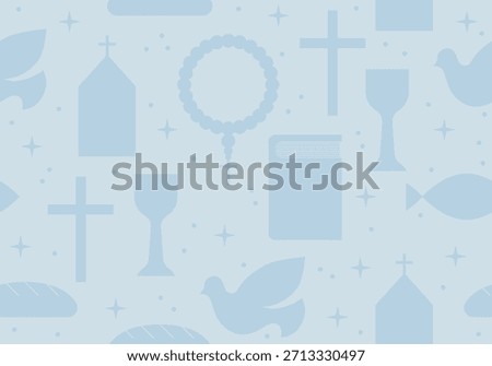 Christian Fish. Easter, Holy Week, Good Friday. Seamless pattern with christian religion icons, holy communion, rosary, bible, dove, chalice for wrapping, greeting cards