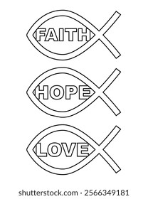 christian fish and faith hope love symbol on white background for tattoo icon decoration object element. vector illustration	