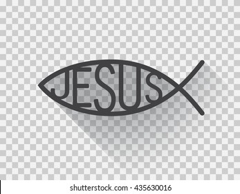 Christian fish in a flat design, Jesus fish, dark version. Fish symbol. Light checkered background. - stock vector