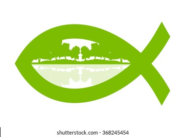 Christian fish green abstract vector background concept illustration with nature landscape