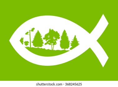 Christian fish green abstract vector background concept illustration with nature landscape