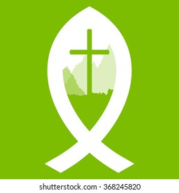 Christian fish green abstract vector background concept illustration with nature landscape