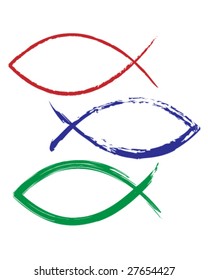 Christian fish icon in vector illustration that looks like magic marker or paint - red, blue, and green