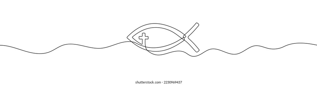 Christian fish line background. One continuous line drawing of religious fish. Vector illustration. Christian religion symbol