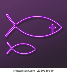 christian fish neon sign, modern glowing banner design, colorful modern design trends on black background. Vector illustration.