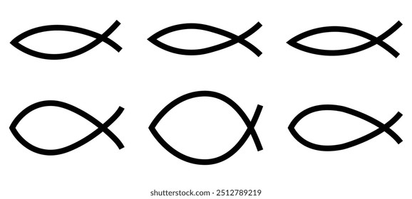 Christian fish set. Ichthys. Religious symbol. Sign of Jesus. Logo of Christianity. Christ and bible. Black emblem of ictus for religion.