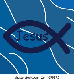 Christian fish symbol with the word "Jesus" on a blue abstract background with flowing white lines. Simple, bold design for faith-based projects.