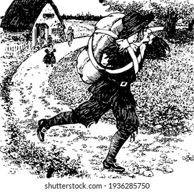 Christian Fleeing, this scene shows a man running away from his family and home with bag on back, children crying behind him, but he is not looking behind, vintage line drawing or engraving