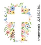 Christian floral cross. Colorful spring flowers. Easter holiday background. Baptism Invitations, First Communion, and Easter vector template card.