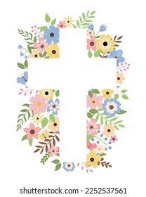 Christian floral cross. Colorful spring flowers. Easter holiday background. Baptism Invitations, First Communion, and Easter vector template card.