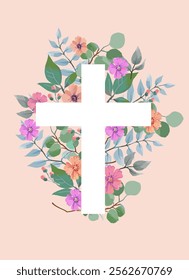 Christian floral cross.  Easter holiday background. Baptism Invitations, First Communion, and Easter vector template card.