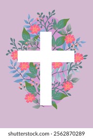 Christian floral cross.  Easter holiday background. Baptism Invitations, First Communion, and Easter vector template card.