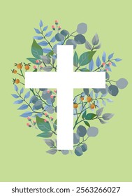 Christian floral cross.  Easter holiday background. Baptism Invitations, First Communion, and Easter vector template card.