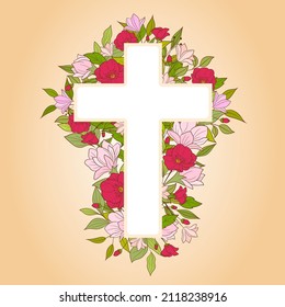 Christian Flower Cross on beige Background for Baptism Invitations, First Communion, and Easter