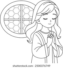 Christian Girl Praying in the Church Background Coloring Page 