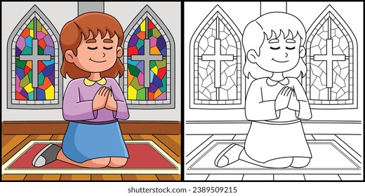 Christian Girl Praying Coloring Page Illustration