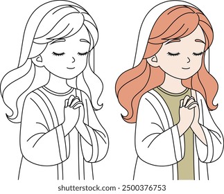 Christian Girl Praying Isolated on White Background Coloring Page 