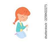 Christian girl praying with rosary cross vector illustration. Cartoon isolated little kid sitting on knees to pray to God and angels, child kneeling with prayer religious gesture and peaceful face