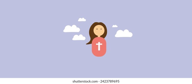 christian girl symbol with pink shirt and cross symbol with flying cloud and purple background easter color