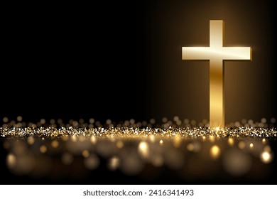 Cruz de oro cristiana y brillo de partículas doradas ilustraciones vectoriales. 3D real iglesia sagrada y símbolo de oración de fe con efecto de luz brillante, joyas de lujo precioso brillando sobre fondo negro