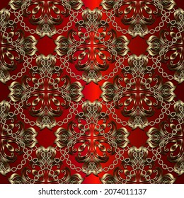 Christian gold crosses seamless pattern. Baroque style floral vector background. Repeat red backdrop. 3d ornament with chains. Vintage flowers in antique religion crosses style. Ornate endless texture