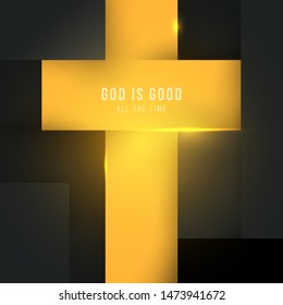 Christian golden cross in minimal trendy geometric paper cut style. Creative modern religious concept. Colorful vector illustration. Background for greeting card, banner, cover.