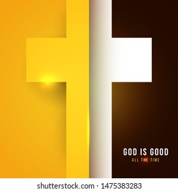 Christian golden cross in minimal trendy geometric paper cut style. Creative modern religious concept. Colorful vector illustration. Background for greeting card, banner, cover.