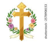 Christian golden cross with a wreath of fresh spring flowers, vector illustration, isolated on white background, eps10