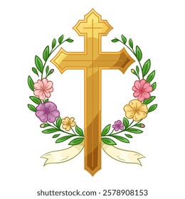 Christian golden cross with a wreath of fresh spring flowers, vector illustration, isolated on white background, eps10