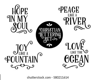 Colección de frases de letras del Evangelio Cristiano, Esperanza en mi alma, Paz como un río, Alegría como una fuente, Amor como el océano. Letras de estilo Black Hand Lettering pincel letras con Accents de diseño.