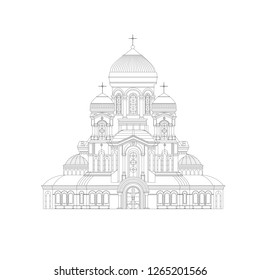 Christian gothic temple. Hand drawn sketch. Thin line ancient column temple vector illustration in outline design.