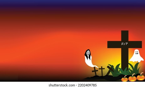 christian grave yard cross tomb with women ghost and white spooky ghost halloween background gradient color blue orange black