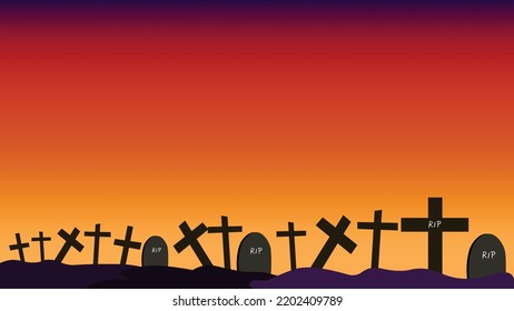christian graveyard cross tomb halloween background with red sky gradien purple red orange shilhouette catacomb backdrop