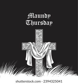 Christian greeting card or banner of the Holy Week before Easter. Maundy Thursday, Good Friday, Holy Saturday. Black and white illustration.