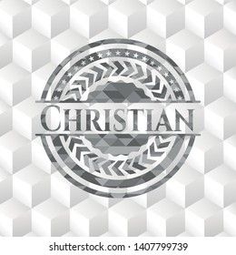 Christian grey badge with geometric cube white background