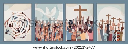 Christian group or community of diverse culture. Church of faithful Christians. Christian brothers holding hands Christian believers with raised hands. Symbols with dove and crucifix
