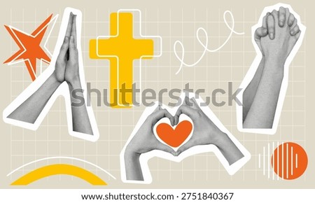 Christian halftone collage with folded in prayer hands, christian cross, hands forming a heart and abstract shapes. Vector isolated elements