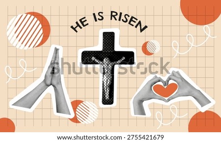 Christian Halftone Collage with folded in prayer hands,  a christian cross, hands forming a heart and abstract elements. Vector elements isolated on beige background