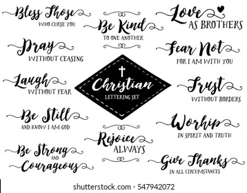 Christian Hand Lettering Vector Set, Discipleship & Biblical Phrases, Pray without Ceasing, Trust without Borders, Give Thanks in all Circumstances, Love as Brothers & more, 12 designs in collection