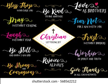 Christian Hand Lettering Vector Set, Discipleship & Biblical Phrases, Pray without Ceasing, Trust without Borders, Give Thanks in all Circumstances, Love as Brothers & more, multiple colorful designs 