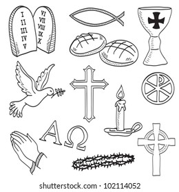 Christian hand-drawn symbols illustration - cross, hands, fish, chalice, bread, dove, candle, crown of thorns